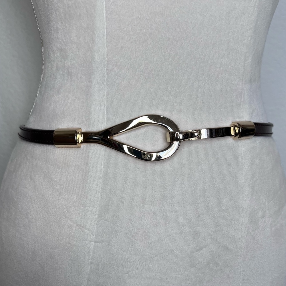 Aimee Lynn Brown Patent Adjustable Belt Gold Tone Buckle  Fits 25"- 45" Waists